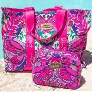 NIB Lilly Pulitzer Logo Tote and Cosmetic Pouch She’s To Fly Print